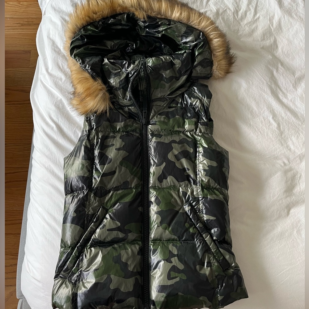 Aqua Camo Vest with Detachable Faux Fur Hood